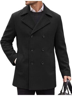 Men's Black Double Breasted Winter Notched Collar Overcoat Short Trench Coat